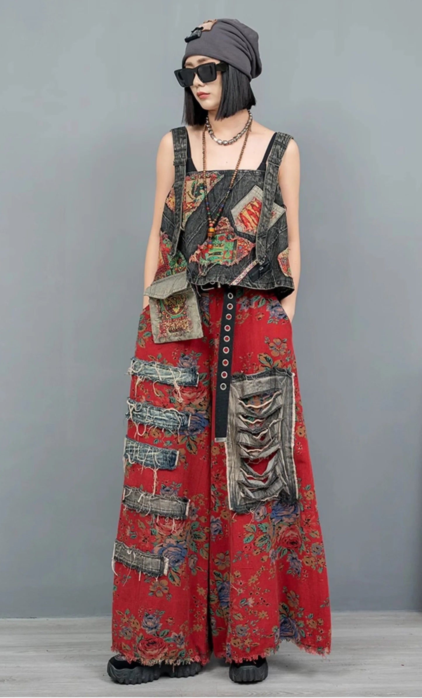 Blue Moon Fashion Vintage Style Printed Denim Vest Wide-leg Trousers Two-piece Set