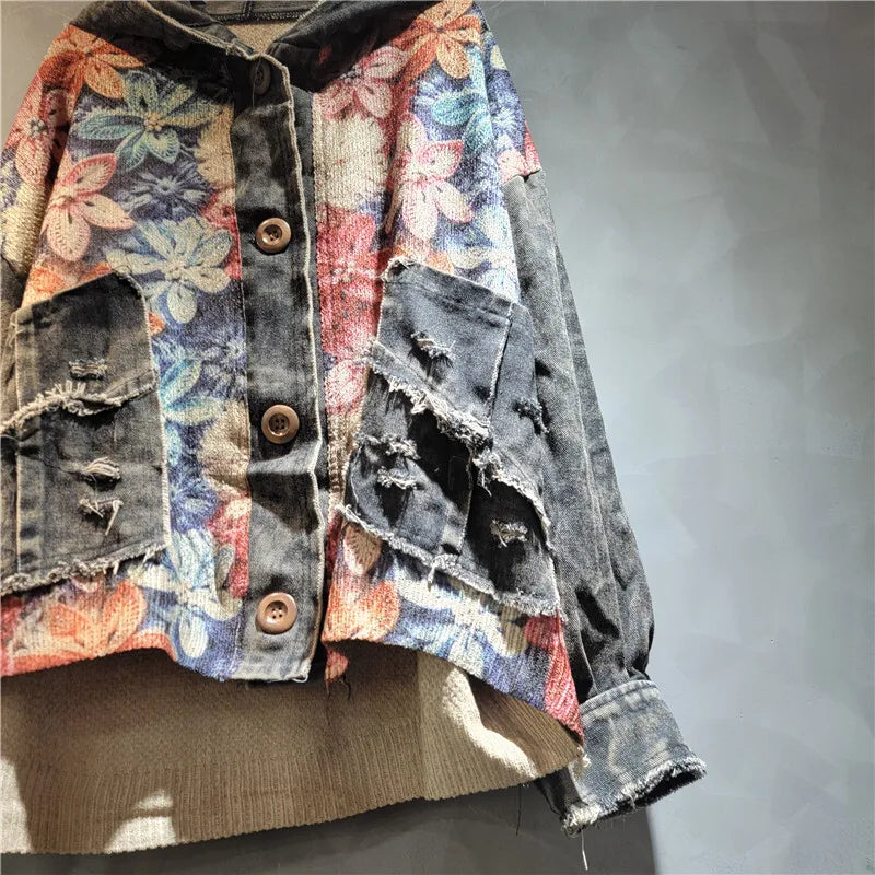 Blue Moon Fashion Knit Flower Print Spliced Denim Hooded Jacket