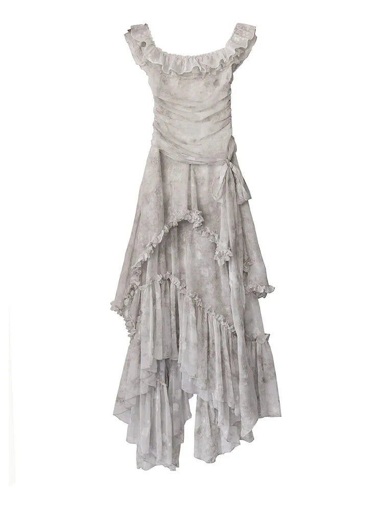Light Gray Printed Ruffles Elegant Long Dress
