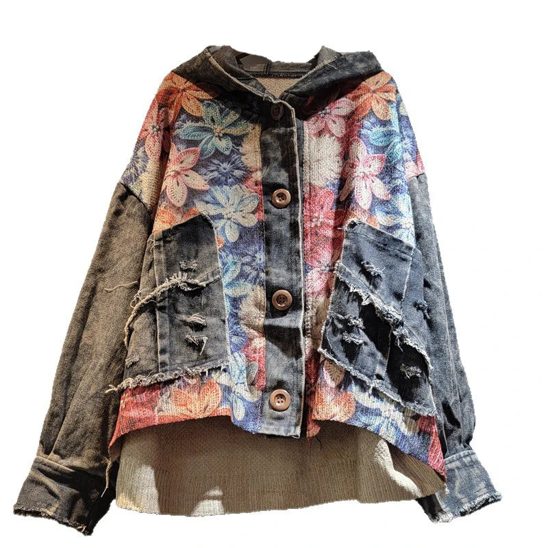 Blue Moon Fashion Knit Flower Print Spliced Denim Hooded Jacket