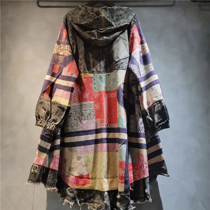 Blue Moon Fashion Irregular Patchwork Print Knit Hooded Denim Long Coat