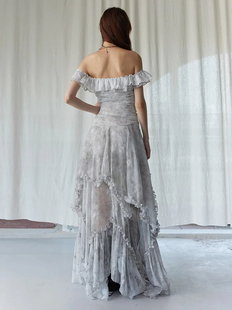 Light Gray Printed Ruffles Elegant Long Dress