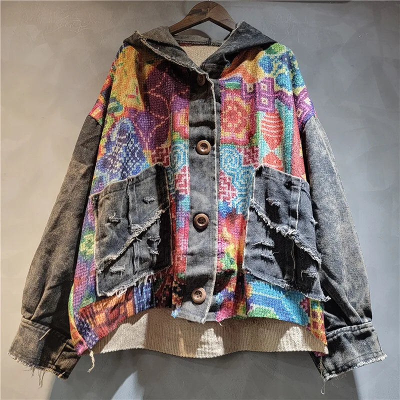 Blue Moon Fashion Irregular Contrast Color Knit Print Hooded Denim Jacket