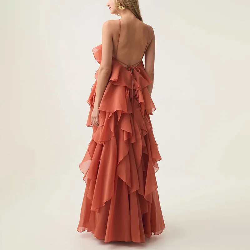 Flower Ruffles Backless Elegant Dress