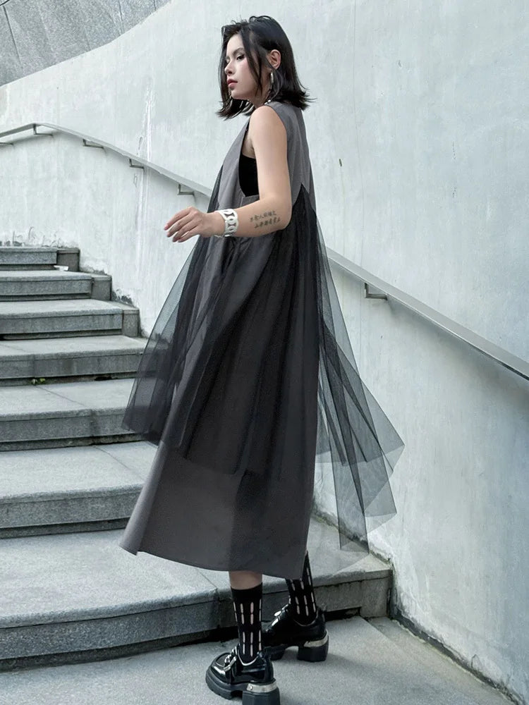 Blue Moon Fashion Gray Mesh Color-block Big Size Midi Vest Dress