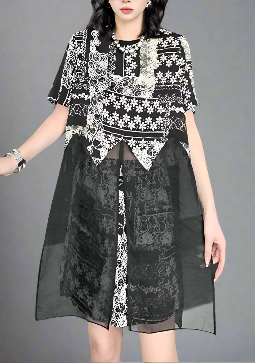 Black Organza T-shirt Print Shorts Two Piece Suit Blue Moon Fashion House