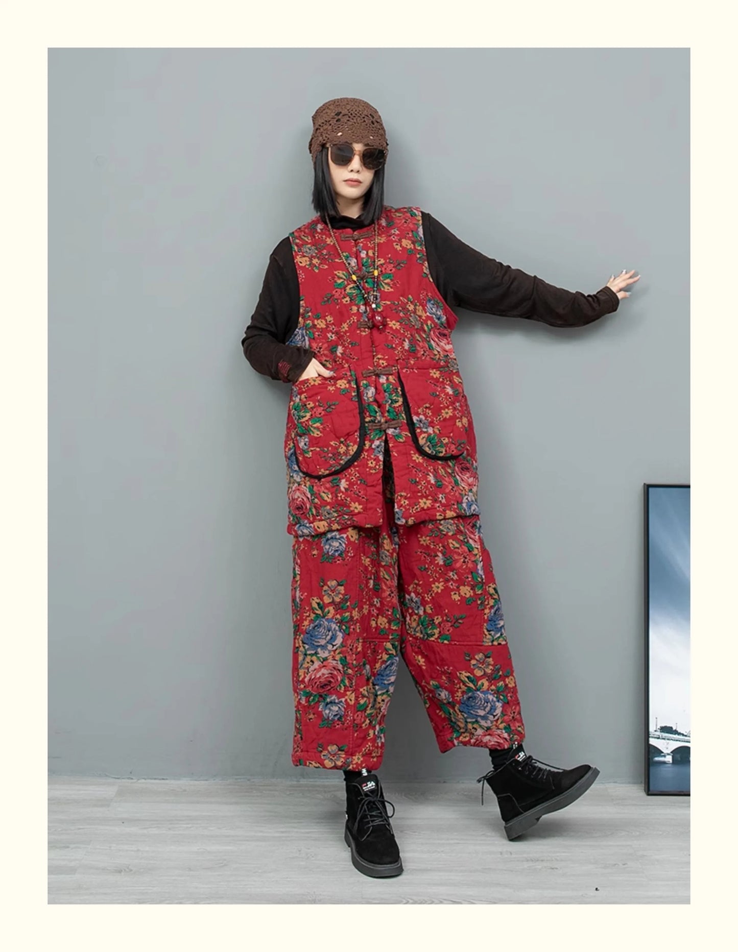 2PCS Chinese Style Floral Print Padded Clothing Set Plus Size Winter Thick Pants Suit Long Style Sleeveless Coat +Trousers