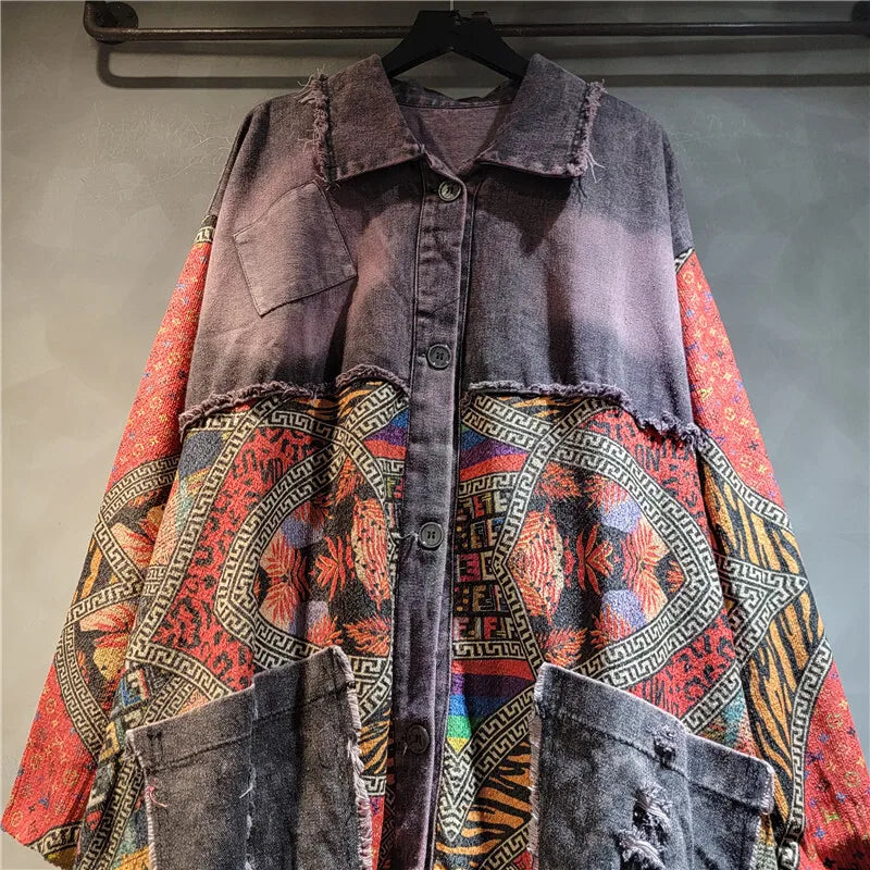 Blue Moon Fashion Irregular Patchwork Print Denim Long Coat
