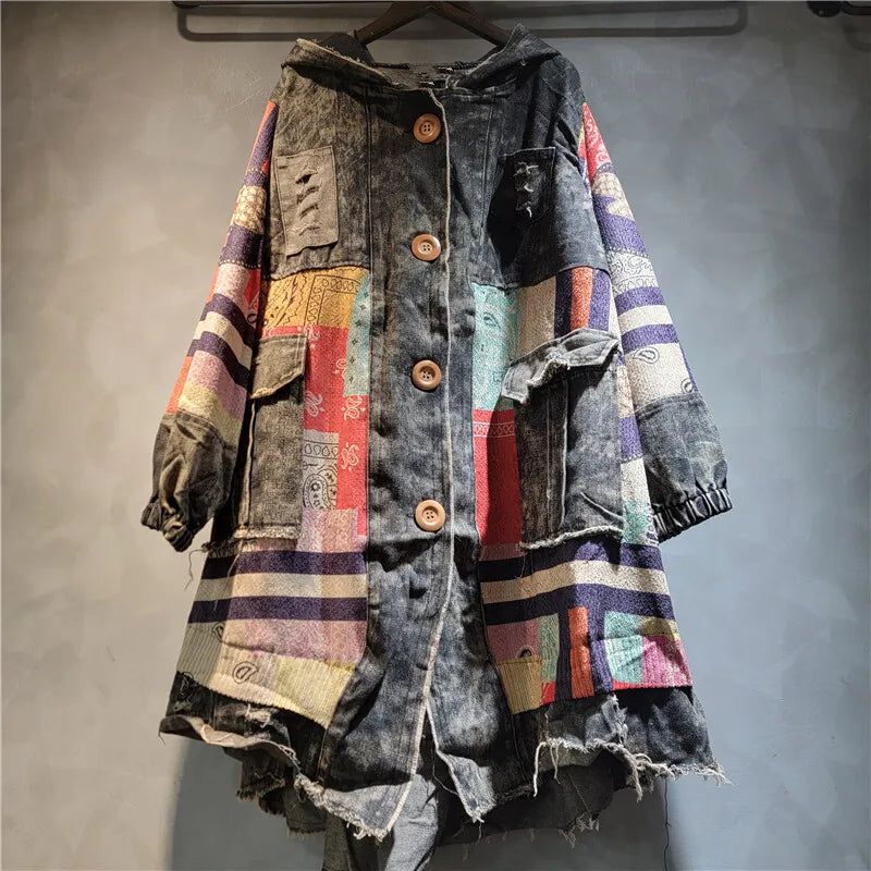 Blue Moon Fashion Irregular Patchwork Print Knit Hooded Denim Long Coat