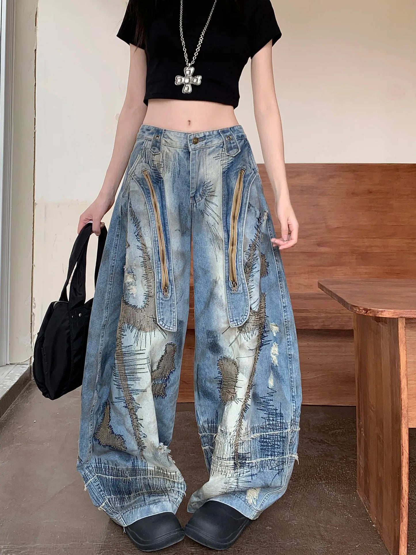 Blue Moon Fashion Loose Jeans High Waist Wide Leg Embroidery Distressed