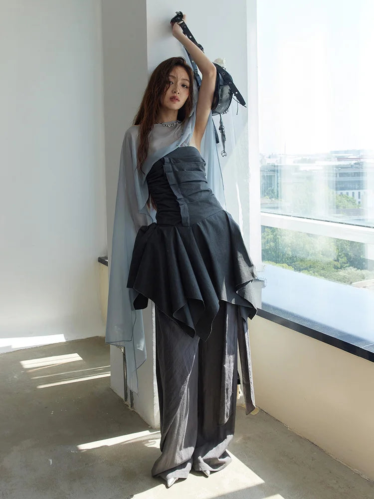 Dark Gray Pleated Long Tank for Women | Blue Moon Fashion House