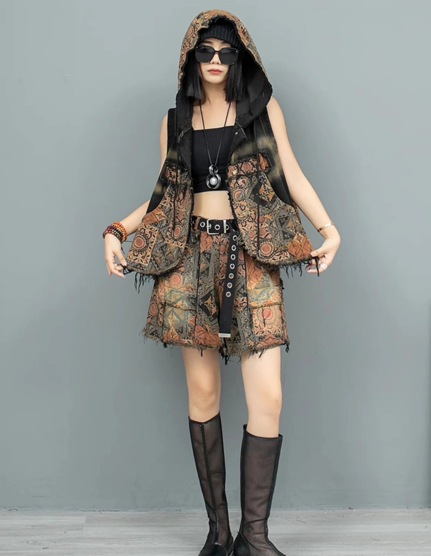 Blue Moon Fashion Women's Suit Personality Distressed Printed Denim Two-piece Set