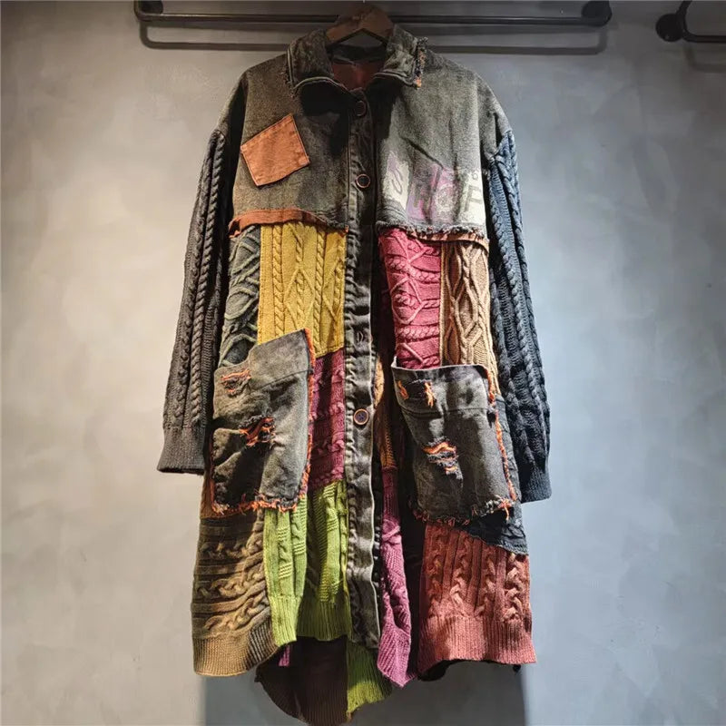 Blue Moon Fashion Patchwork Contrast Color Knit Denim Long Jacket