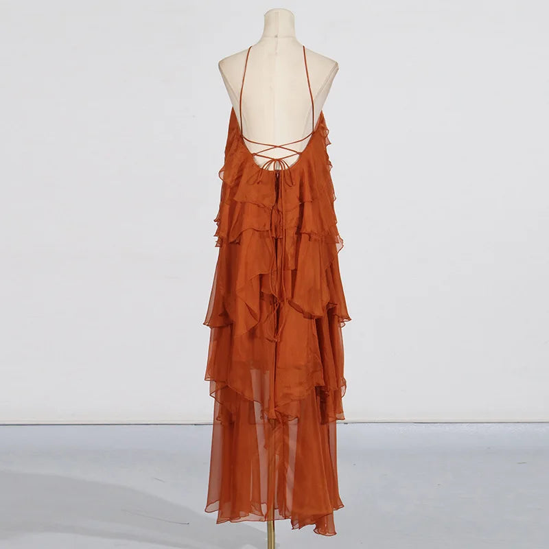 Flower Ruffles Backless Elegant Dress