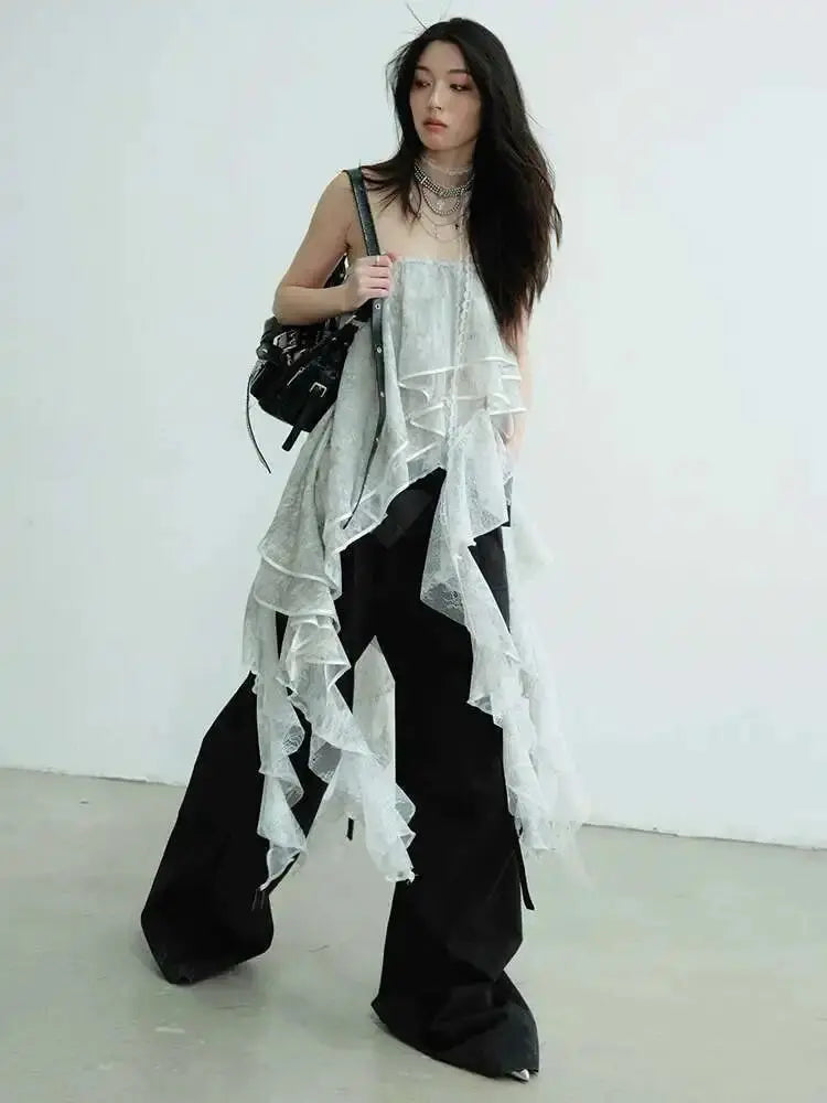 Light Gray Irregular Ruffles Tank Tops Blue Moon Fashion House