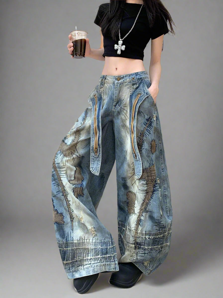 Blue Moon Fashion Loose Jeans High Waist Wide Leg Embroidery Distressed