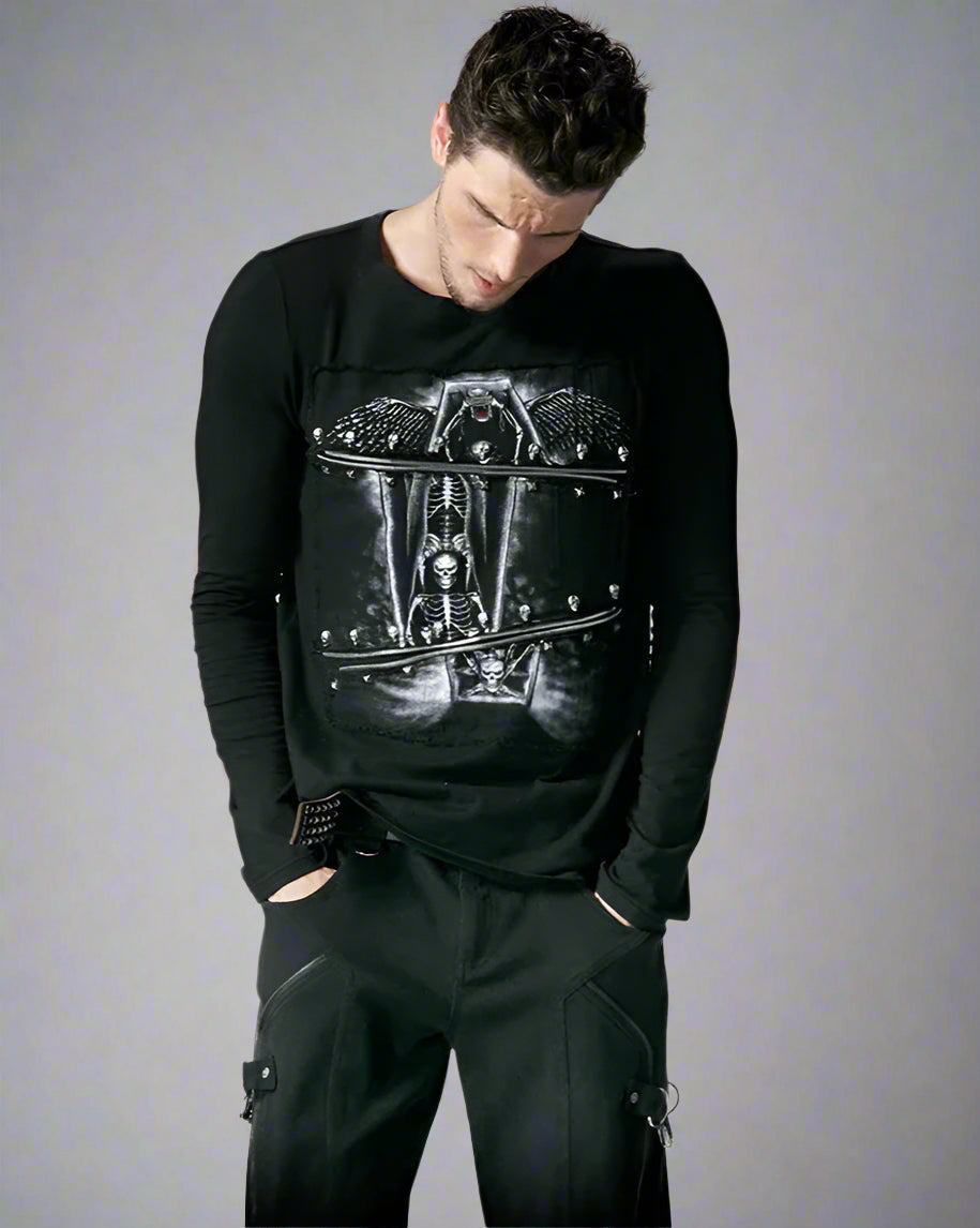 Men's Fashion Rock Casual Black 3D Printing Skull Cotton Elastic Long Top