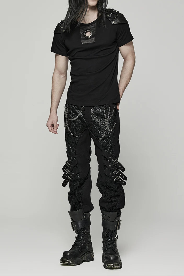 Men's Distinctive Cracked Leather Knit T-shirt