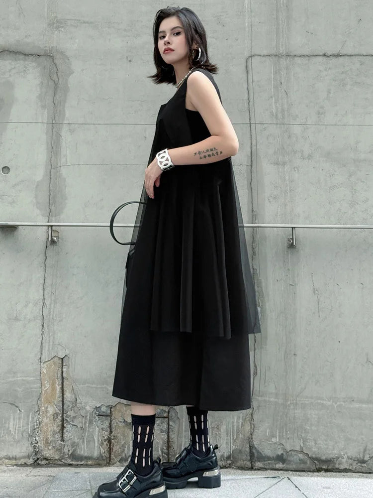 Blue Moon Fashion Gray Mesh Color-block Big Size Midi Vest Dress