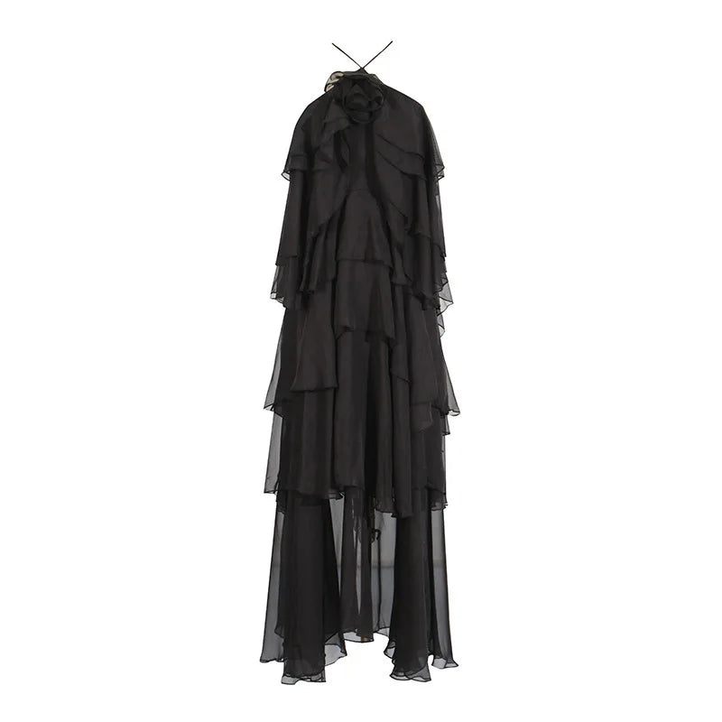 Flower Ruffles Backless Elegant Dress