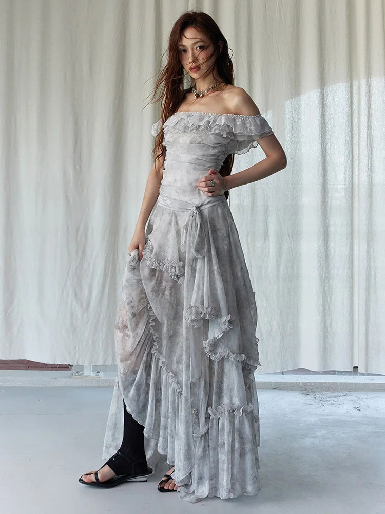 Light Gray Printed Ruffles Elegant Long Dress