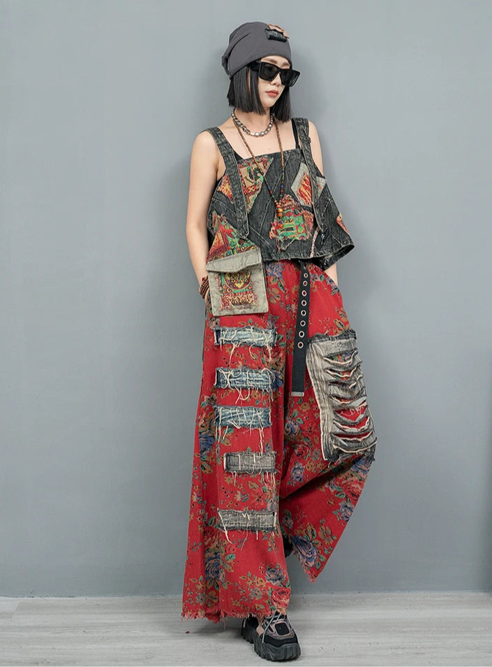 Blue Moon Fashion Vintage Style Printed Denim Vest Wide-leg Trousers Two-piece Set