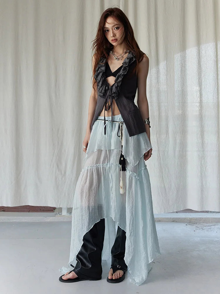 Gray Ruffles Vest & Skirt Set for Women | Blue Moon Fashion House