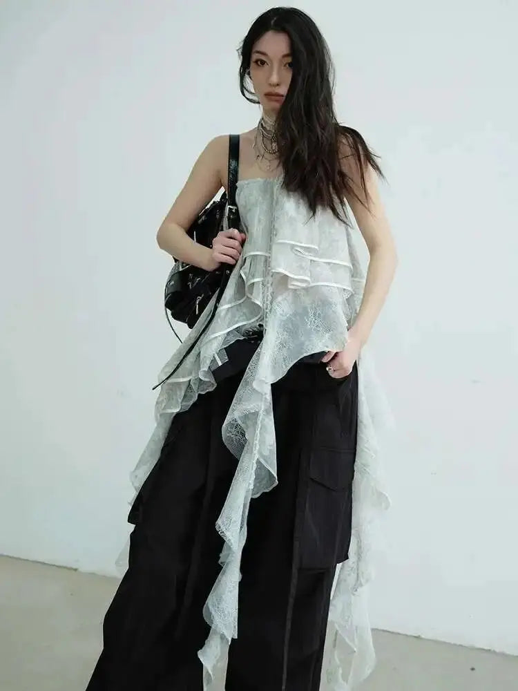 Light Gray Irregular Ruffles Tank Tops Blue Moon Fashion House