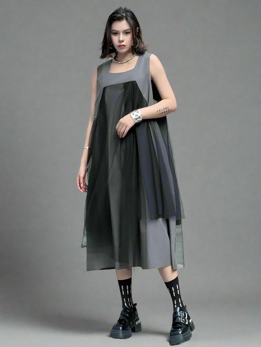 Blue Moon Fashion Gray Mesh Color-block Big Size Midi Vest Dress