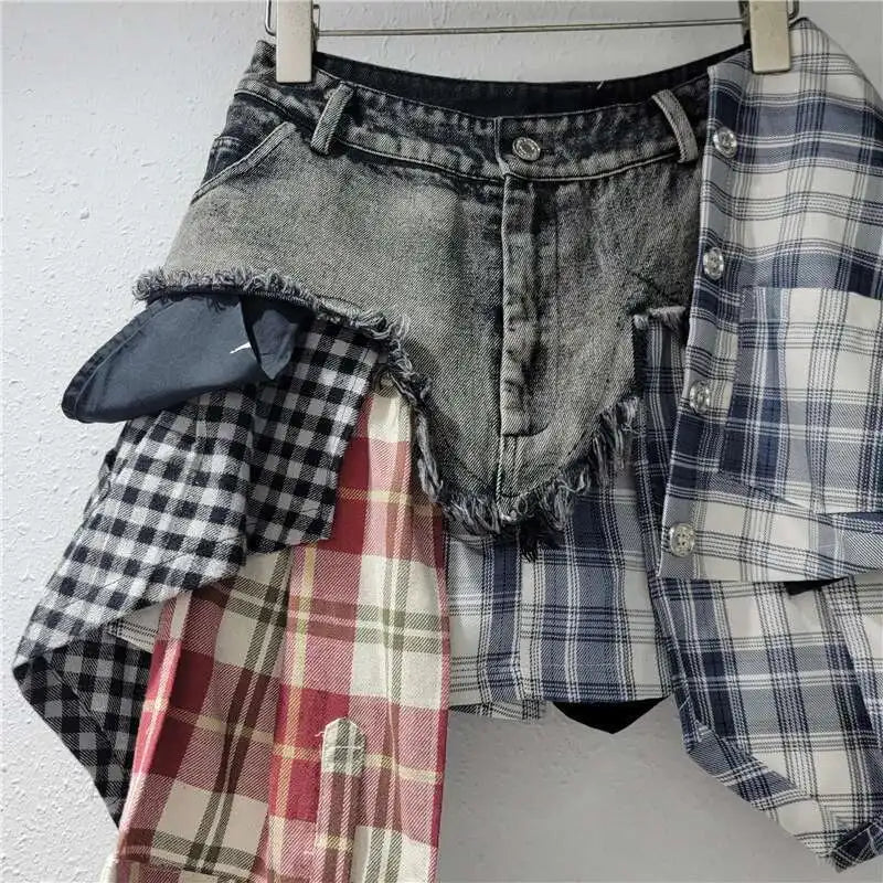 Blue Moon Fashion Patchwork Plaid Button Design Denim Skirts