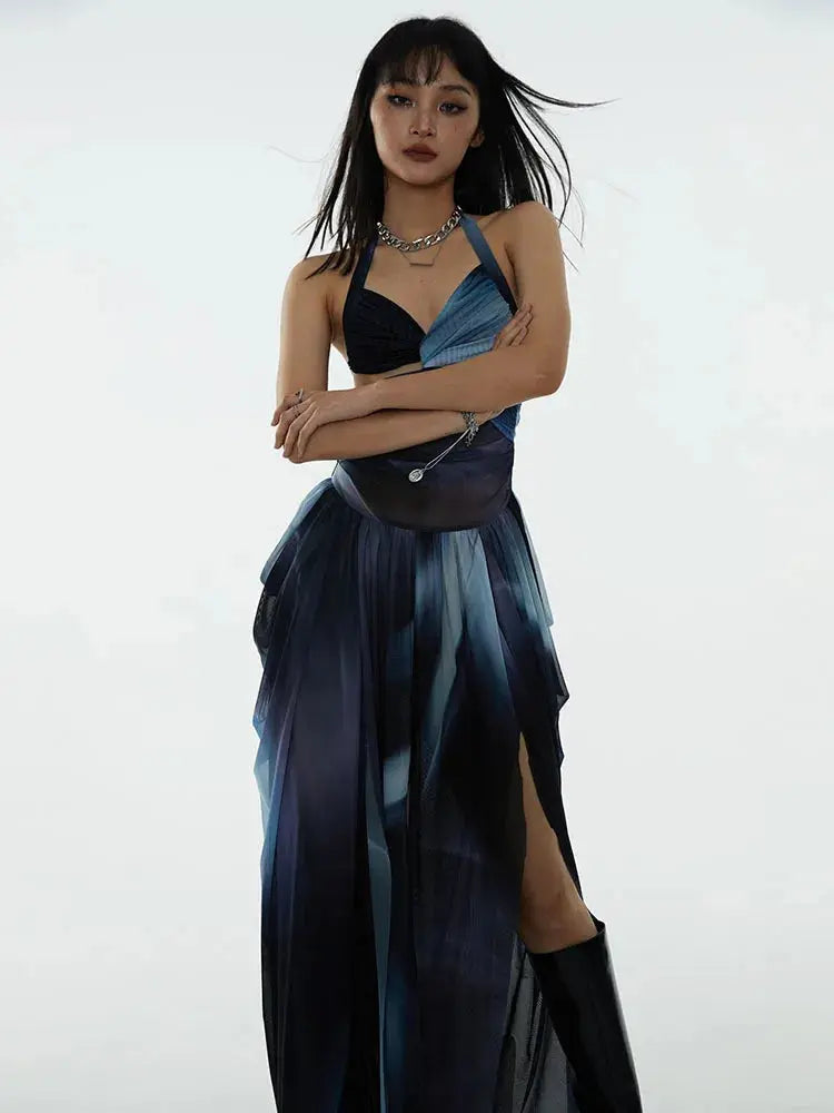 Furla Dress, Black Blue Printed Backless Dress Blue Moon Fashion House