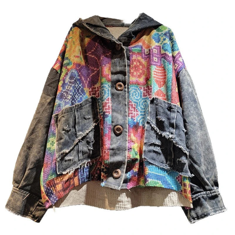 Blue Moon Fashion Irregular Contrast Color Knit Print Hooded Denim Jacket