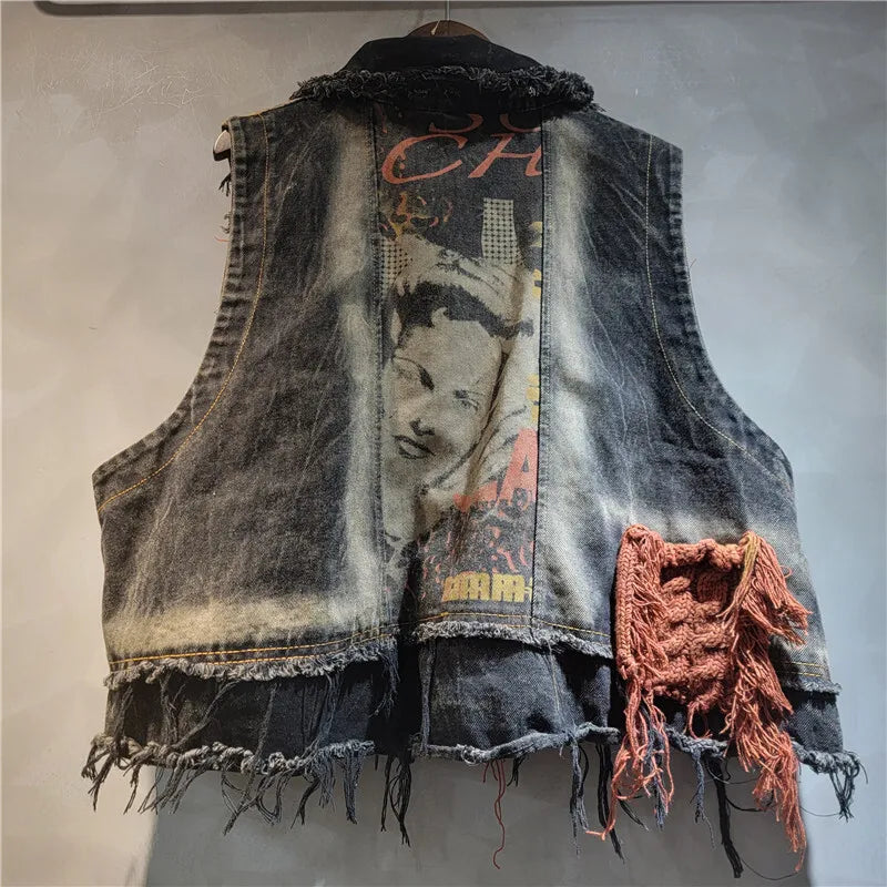 Blue Moon Fashion Vintage Women's Patchwork Burr Edge Denim Vest