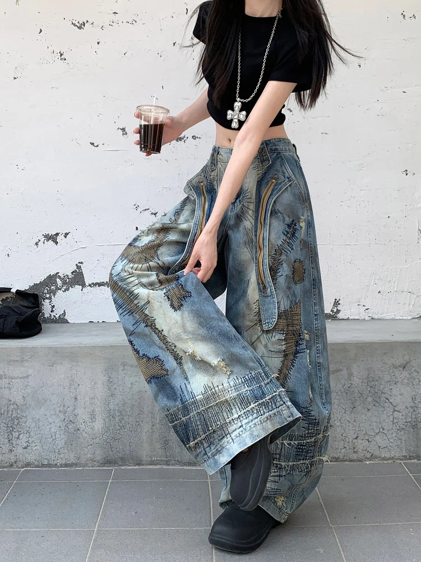 Blue Moon Fashion Loose Jeans High Waist Wide Leg Embroidery Distressed