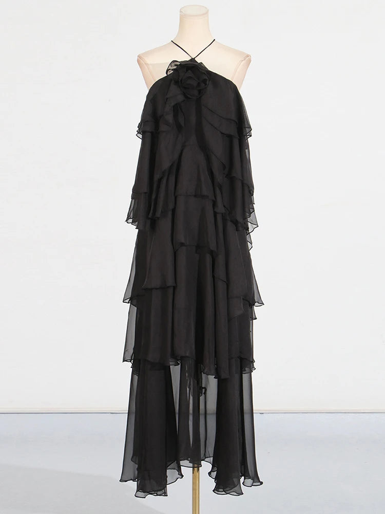 Flower Ruffles Backless Elegant Dress