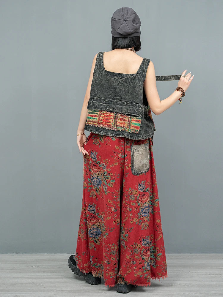 Blue Moon Fashion Vintage Style Printed Denim Vest Wide-leg Trousers Two-piece Set