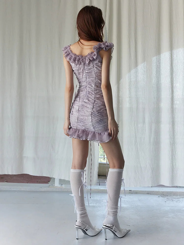 Light Gray Printed Ruffles Elegant Long Dress | Blue Moon Fashion House