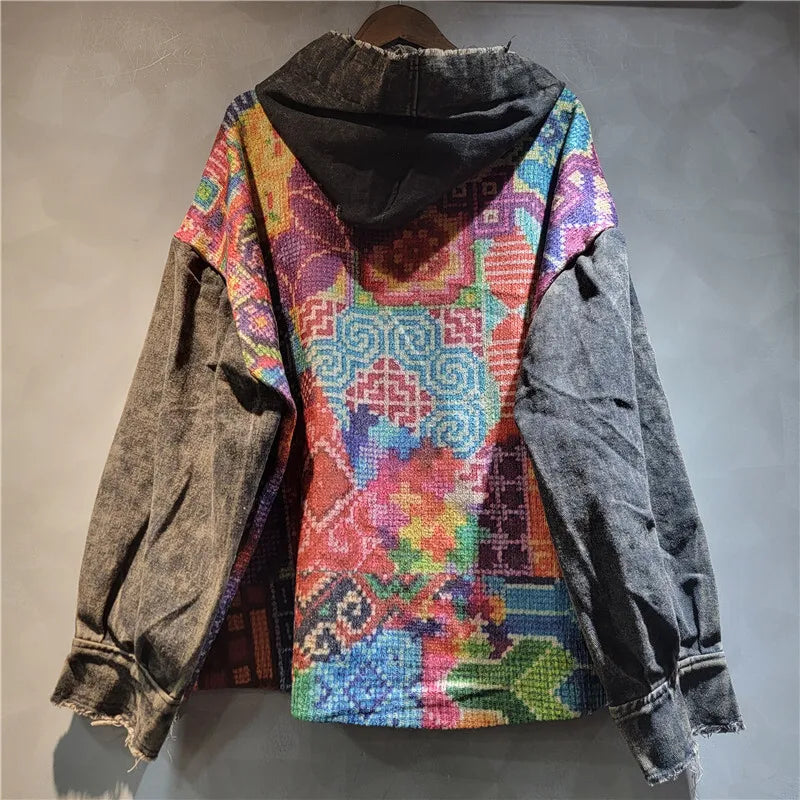 Blue Moon Fashion Irregular Contrast Color Knit Print Hooded Denim Jacket