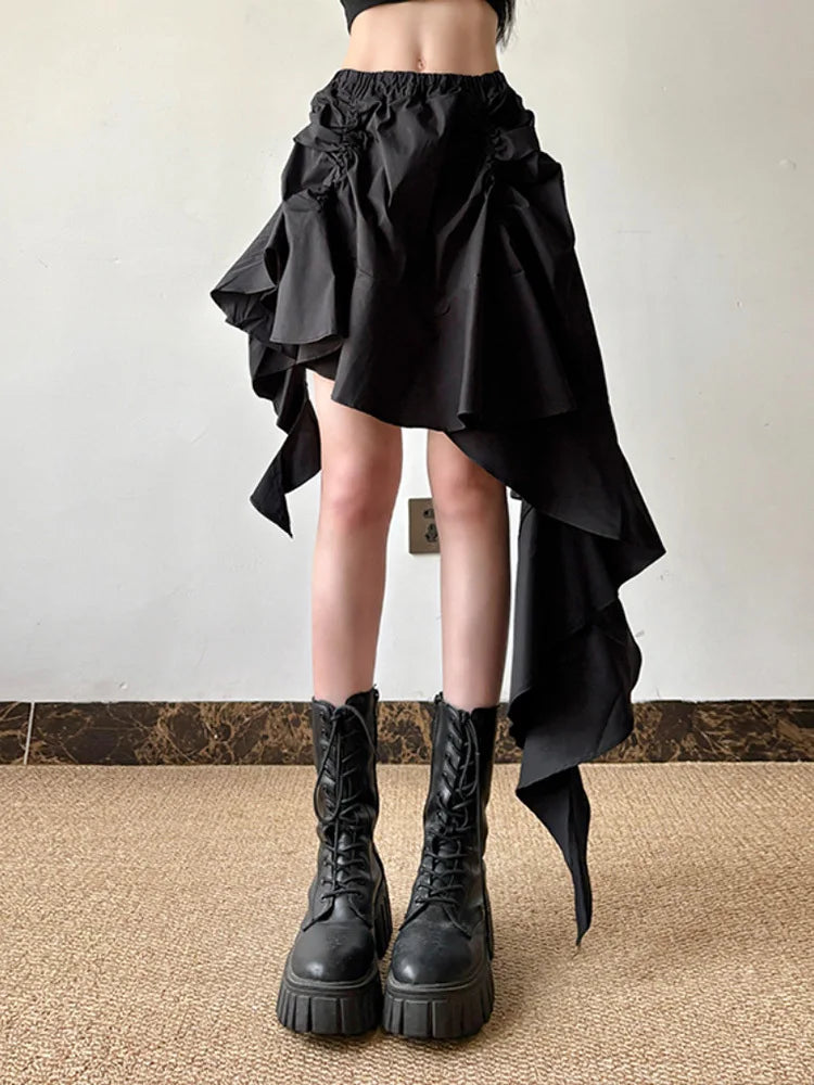 Black KN Irregular Design Ruffles Skirt