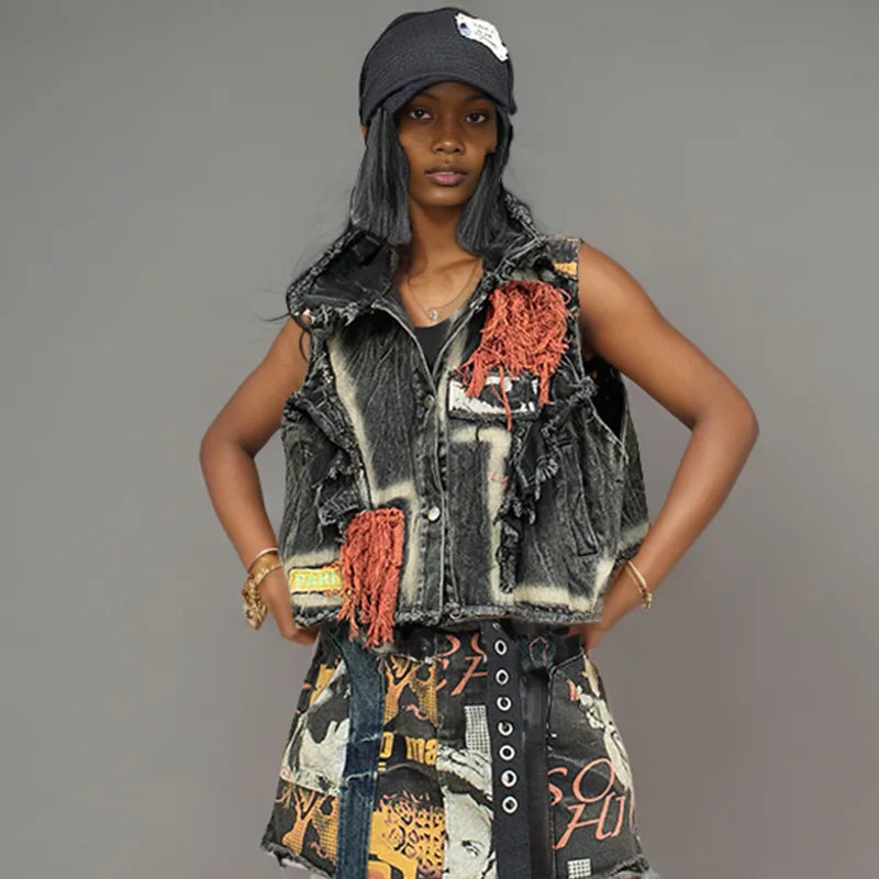 Blue Moon Fashion Vintage Women's Patchwork Burr Edge Denim Vest