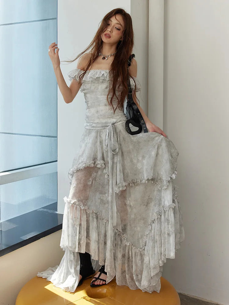 Light Gray Printed Ruffles Elegant Long Dress