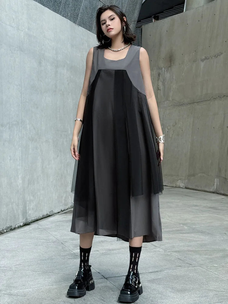 Blue Moon Fashion Gray Mesh Color-block Big Size Midi Vest Dress