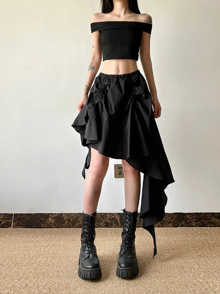 Black KN Irregular Design Ruffles Skirt
