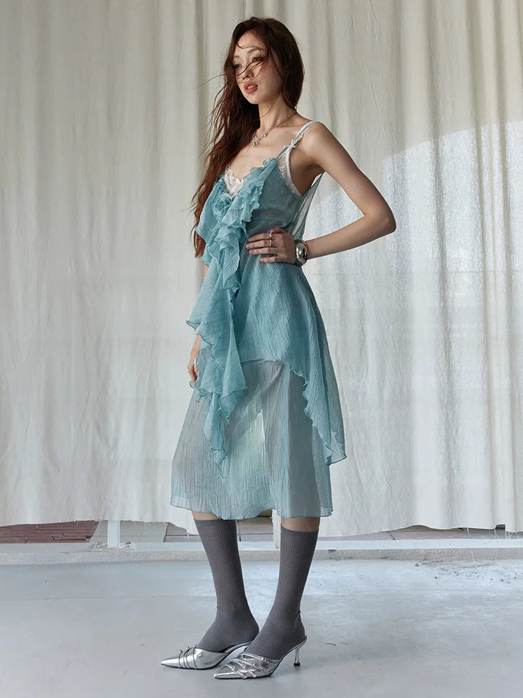 Green Ruffles Tank Top and Skirt Two Pieces Suit