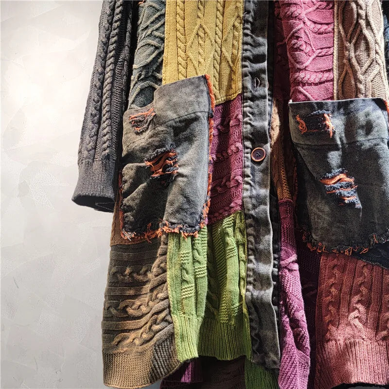 Blue Moon Fashion Patchwork Contrast Color Knit Denim Long Jacket