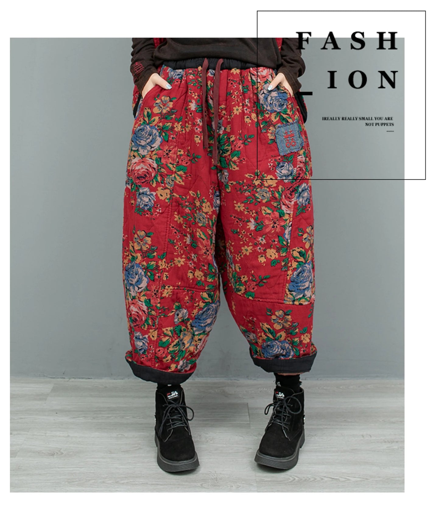 2PCS Chinese Style Floral Print Padded Clothing Set Plus Size Winter Thick Pants Suit Long Style Sleeveless Coat +Trousers