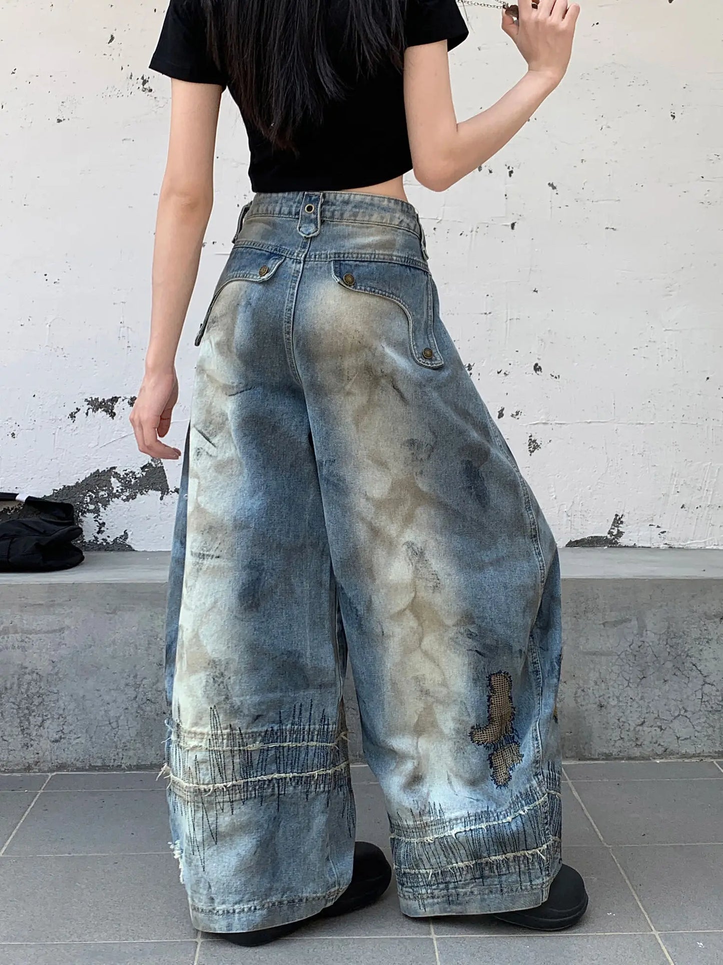Blue Moon Fashion Loose Jeans High Waist Wide Leg Embroidery Distressed