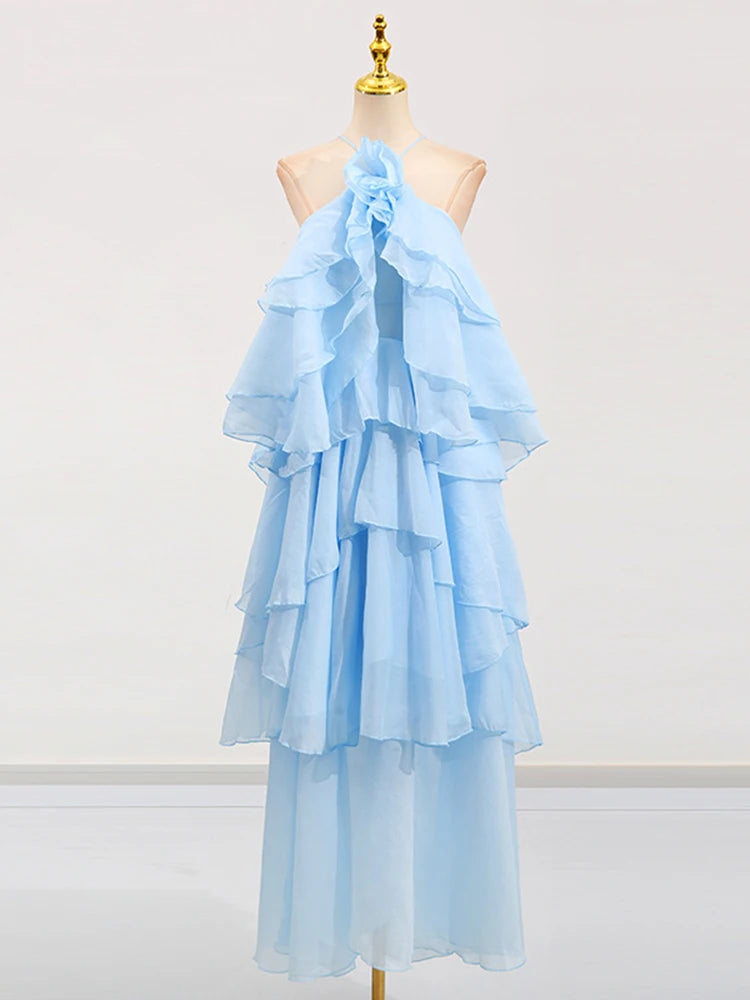 Flower Ruffles Backless Elegant Dress