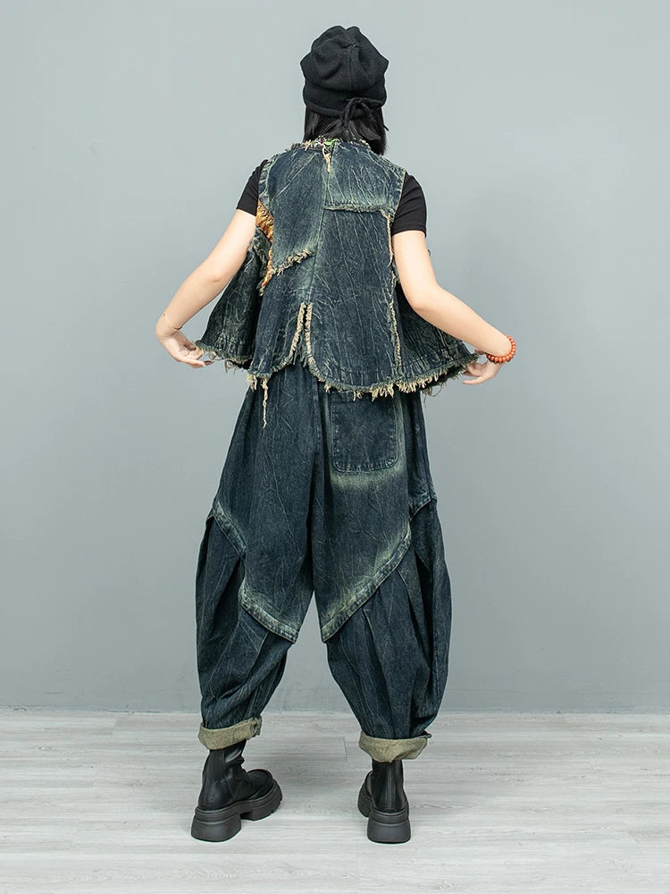 Blue Moon Fashion New Retro Ethnic Style Embroidery Denim Two-piece Set