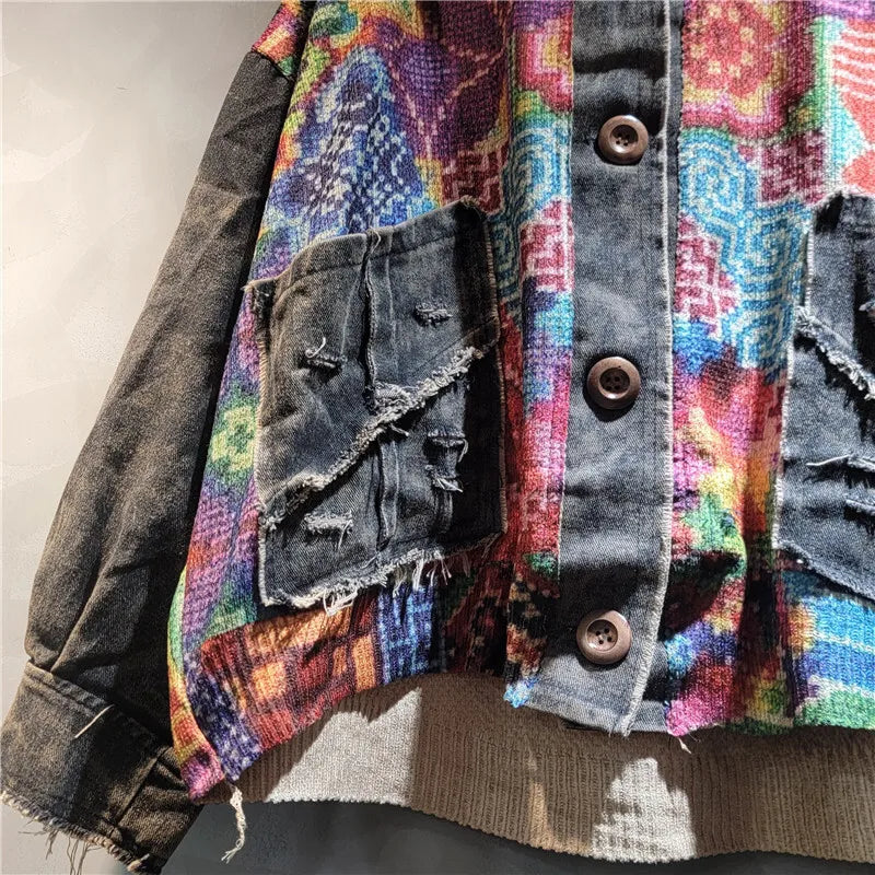 Blue Moon Fashion Irregular Contrast Color Knit Print Hooded Denim Jacket
